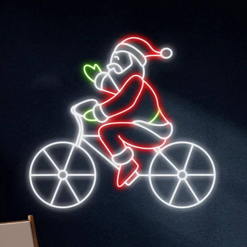 USB Dimmable Santa Riding Bicycle Christma Neon Sign Red Green Glow LED Light for Home Bar Xmas Party Decor Festive Holiday Gift