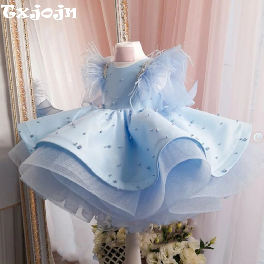 

Puffy Exquisite Pearls Mini Princess Gown For Kids Birthday Party Elegant Sweet Feathers Sleeveless Girls Dresses Dancing Wear