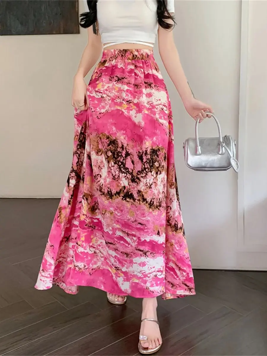 

New Fashion Oil Painting Floral Print A-line Long Skirts Summer Bohemian Holiday High Waist Casual Skirts