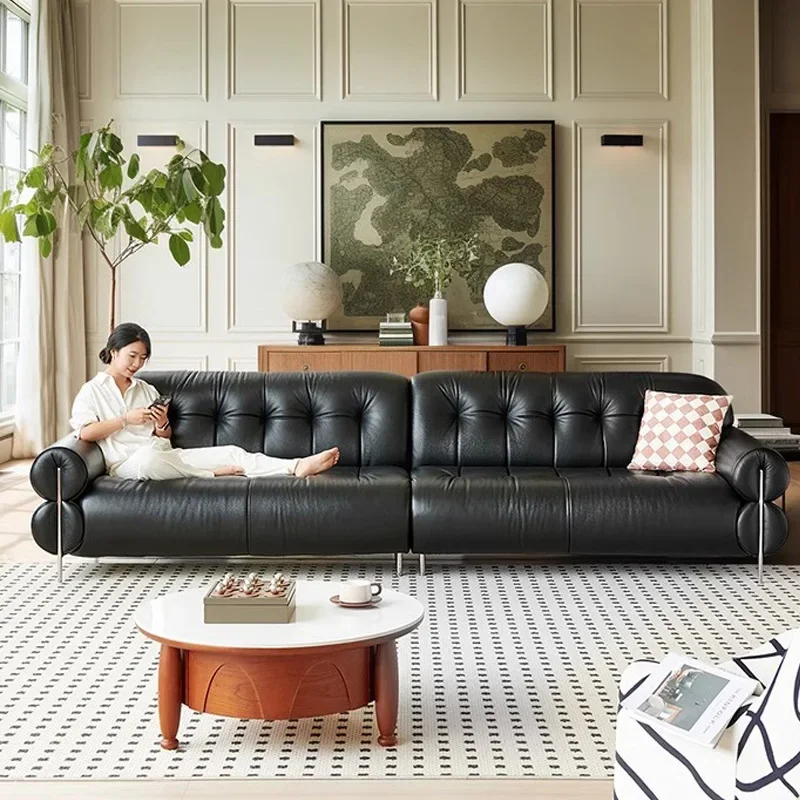 French retro leather sofa living room three people straight row first layer cowhide sofa