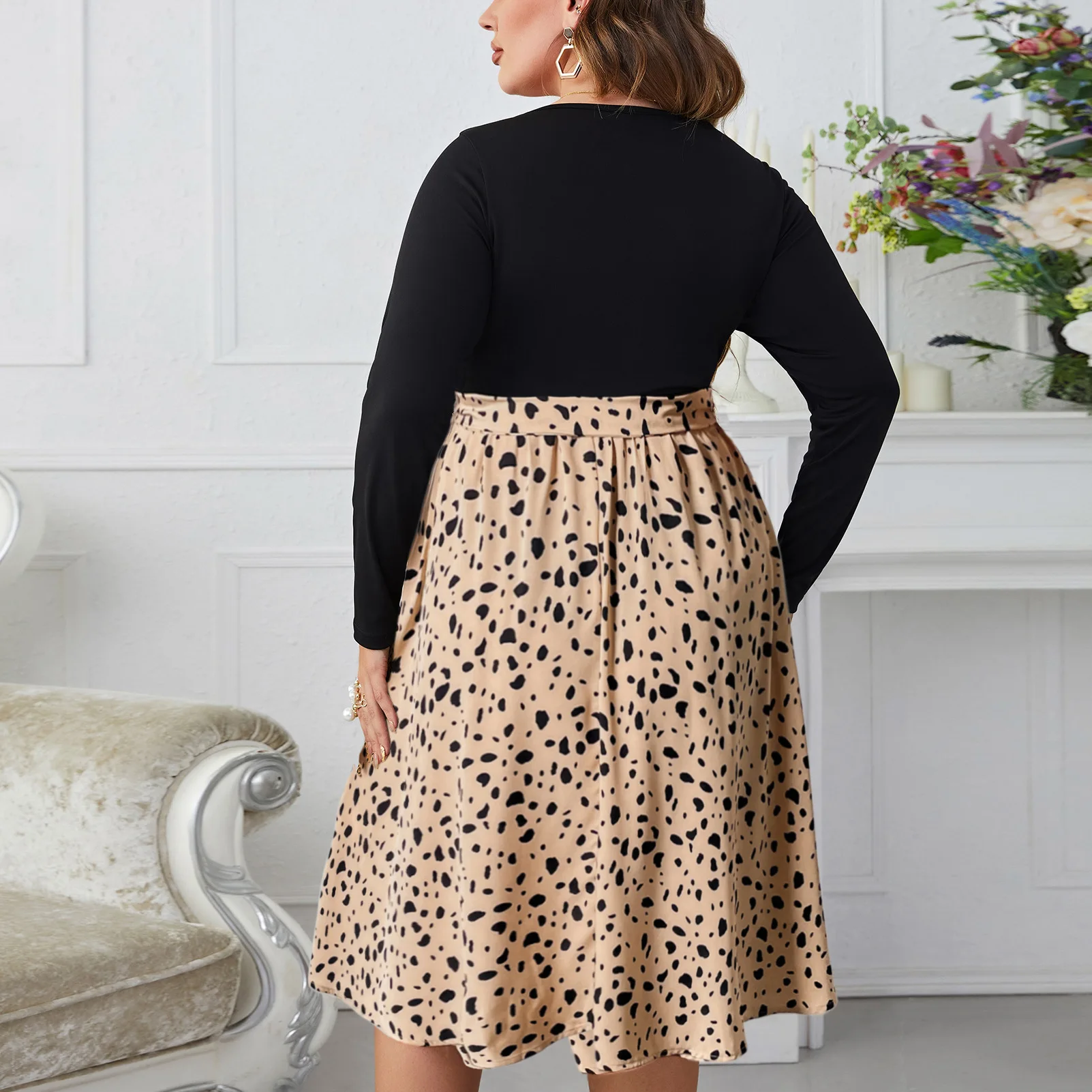 Vestido de talla grande a media pantorrilla para mujer, ropa de gran tamaño de leopardo negro para mujer, vestido de manga larga para primavera Otoño Invierno