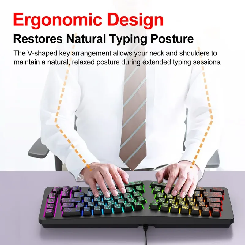 Ergonomic Keyboard 69 Key USB Wired Keyboard with RGB Backlight for Windows Computer Desktop Laptop