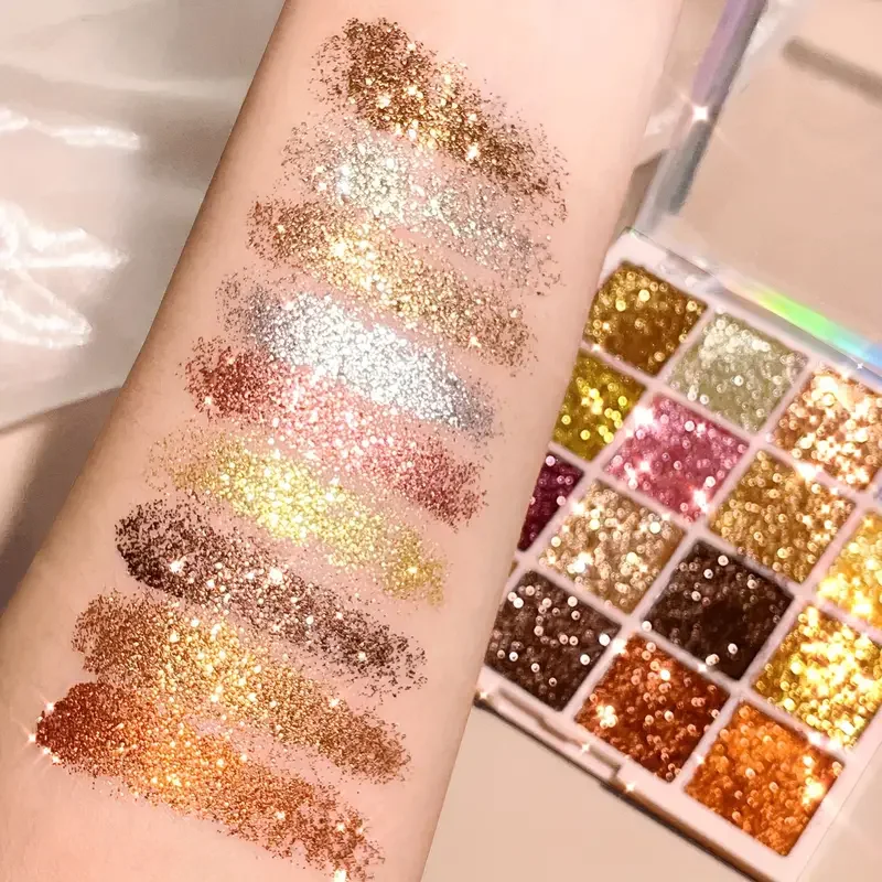 Paleta de sombras de ojos con brillo, 16 colores, Multicolor, Color dorado, lentejuelas brillantes, acabado, maquillaje corporal y facial, maquillaje de fiesta de escenario