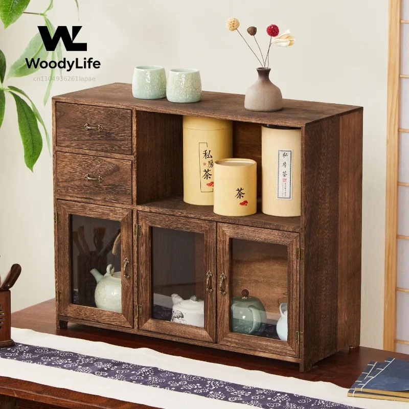 Tabletop Display Shelf Tea Storage Rack Glass Door Dustproof Curio Cabinet Multi-compartment Wood Organizer for Tea Cup