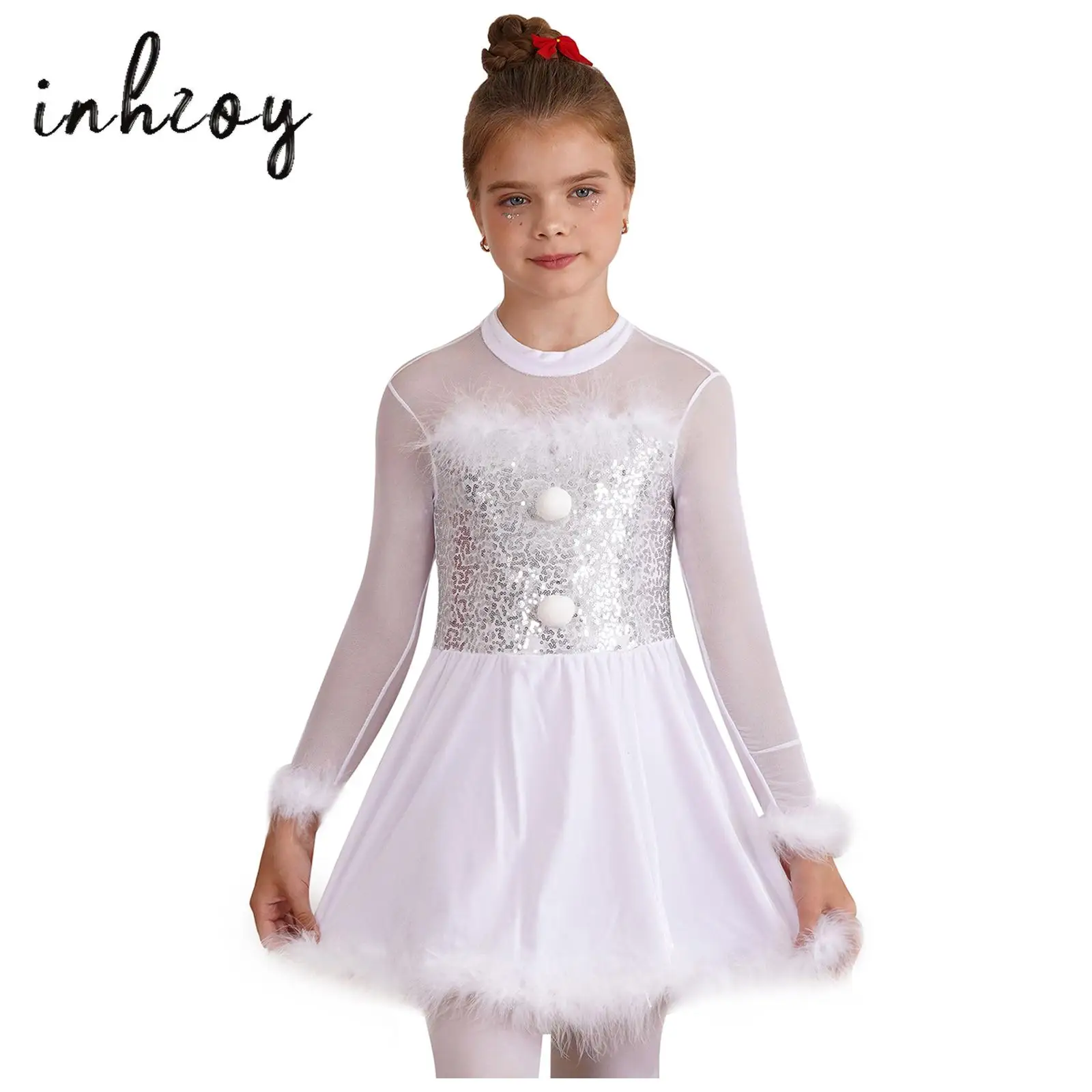 

Kids Girls Christmas Elf Santa Claus Frosty Snow-Man Costume Figure Ice Skating Ballet Dance Tutu Dress Sequin Faux Fur Leotard