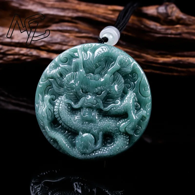 Natural Real Emerald Blue Water Zodiac Dragon Domineering Pendant Myanmar Jadeite Necklace Jewelry Designer Luxury Vintage Women