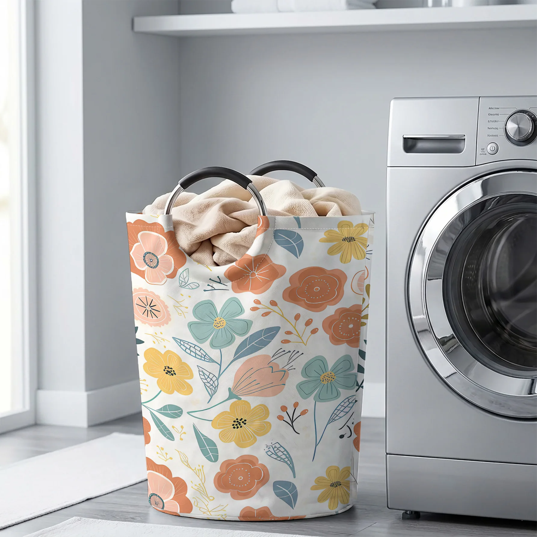 Fresh Hand Drawn Colorful Flowers All Over Print Handheld Storage Basket, For Laundry, Bedroom & Home Sundries Storage