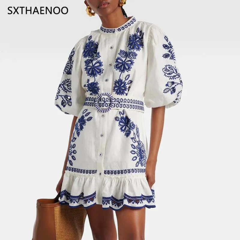 

SXTHAENOO Spliced Sashes Embroidery Mini Dresses For Women O Neck Short Sleeve High Wist Temperment Hit Color Dress Female 2025