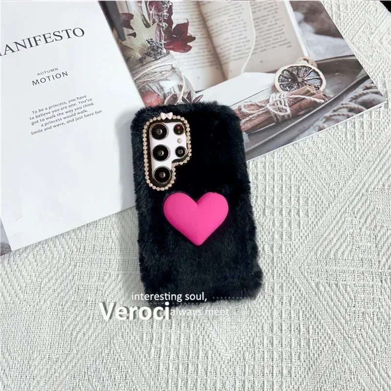 Custodia per telefono in pelliccia soffice con cuore d'amore 3D per Samsung galaxy S8 S9 S10 Plus S10E Note 8 9 10 Lite Cover morbida colorata calda