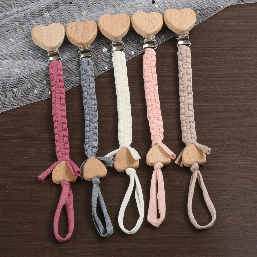 New Pacifier Weave Chain Pendant for Beech Wooden Heart Nipple Holder Soother Chain Clips Teethers for Baby Accessories