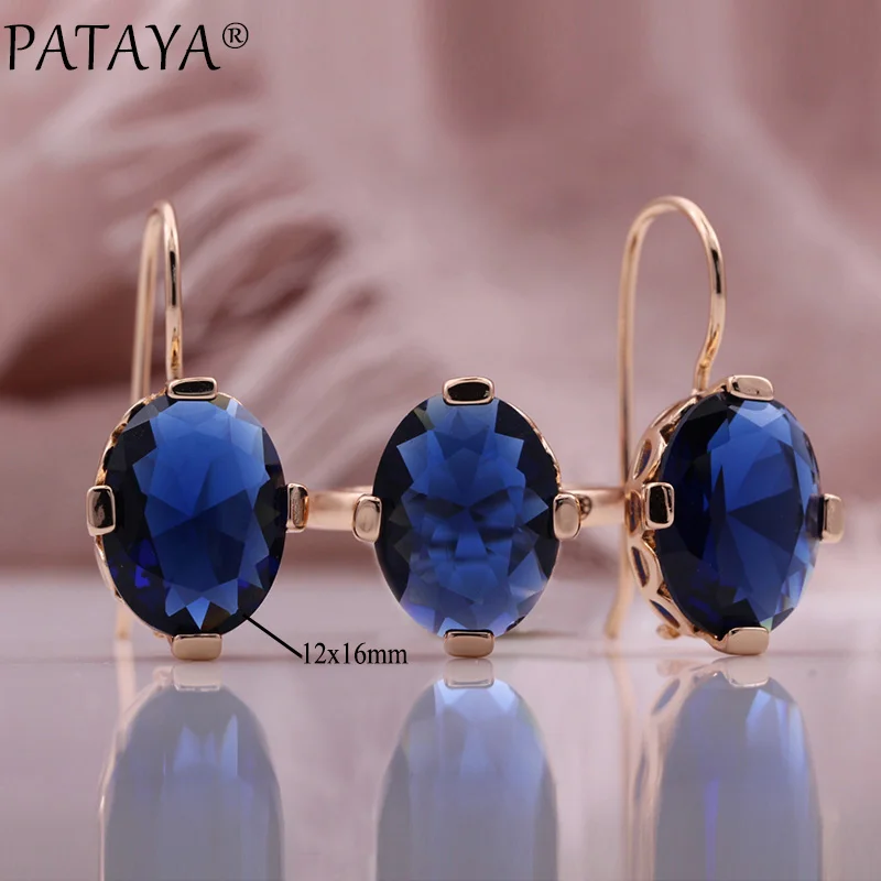 PATAYA New Blue Round Natural Zircon Women Drop Sets 585 Rose Gold Color Dangle Earrings Christmas Gift Fine Fashion Jewelry Set