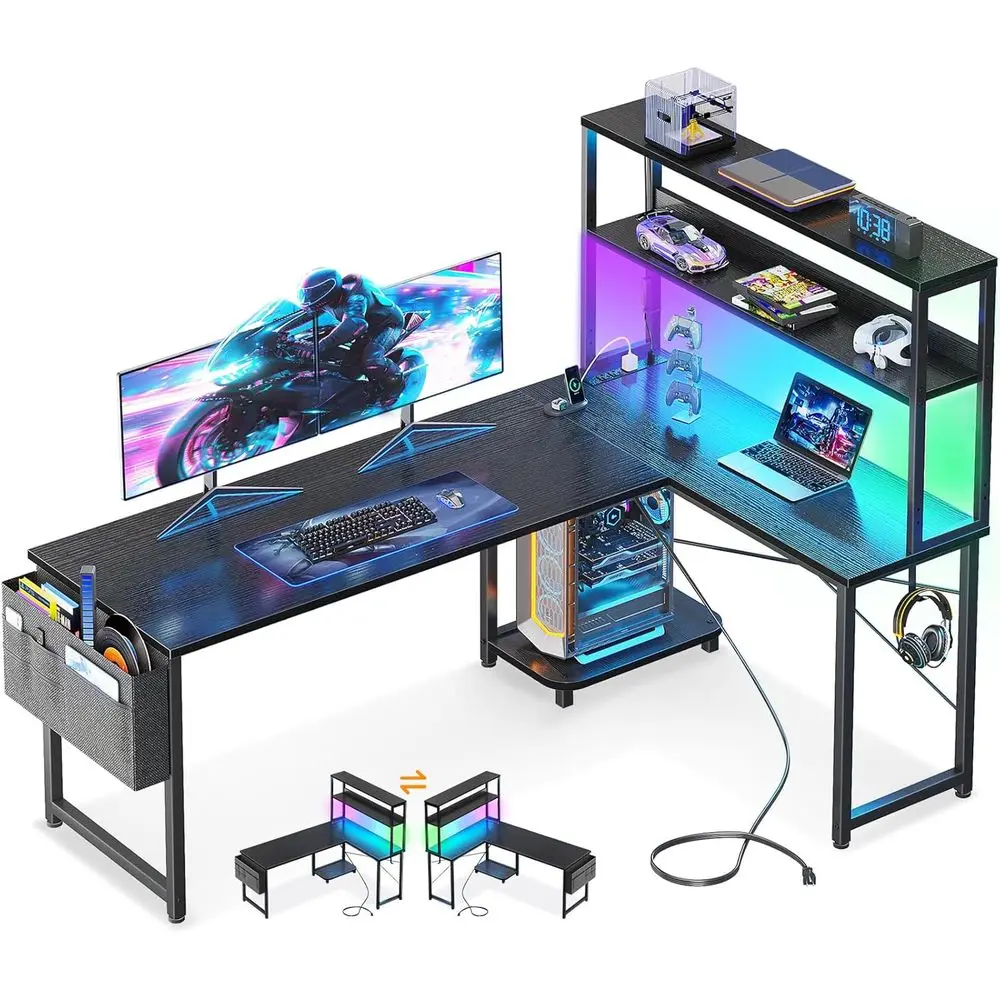 

61 LED-lit Reversible L-Shaped Gaming Desk with Power Outlets and Storage
