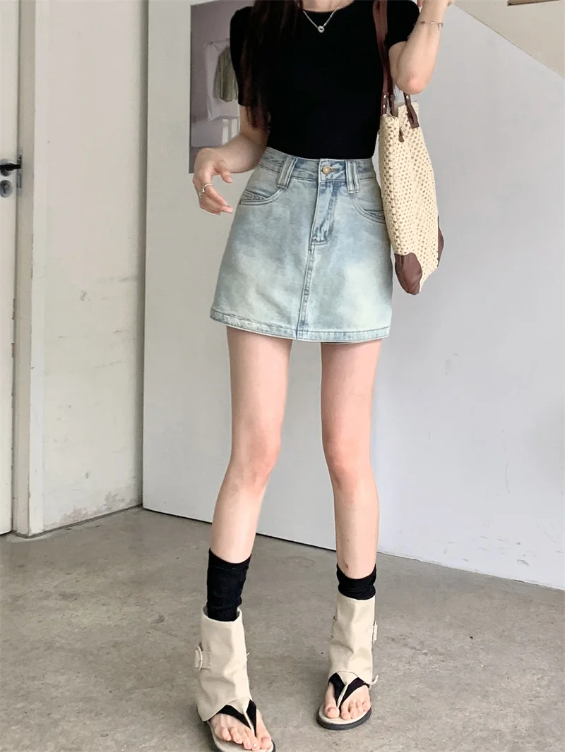 Korean Style Women Light Blue Wash High Waist A Line Denim Mini Skirt Summer Slim Fit Anti Exposure Petite Versatile