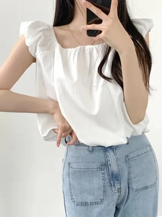 

Cute Doll Shirt Women's Summer Korean Style Sweet Bubble Sleeve Square Collar Tie Waist Shirt Anti-Aging Fashionable