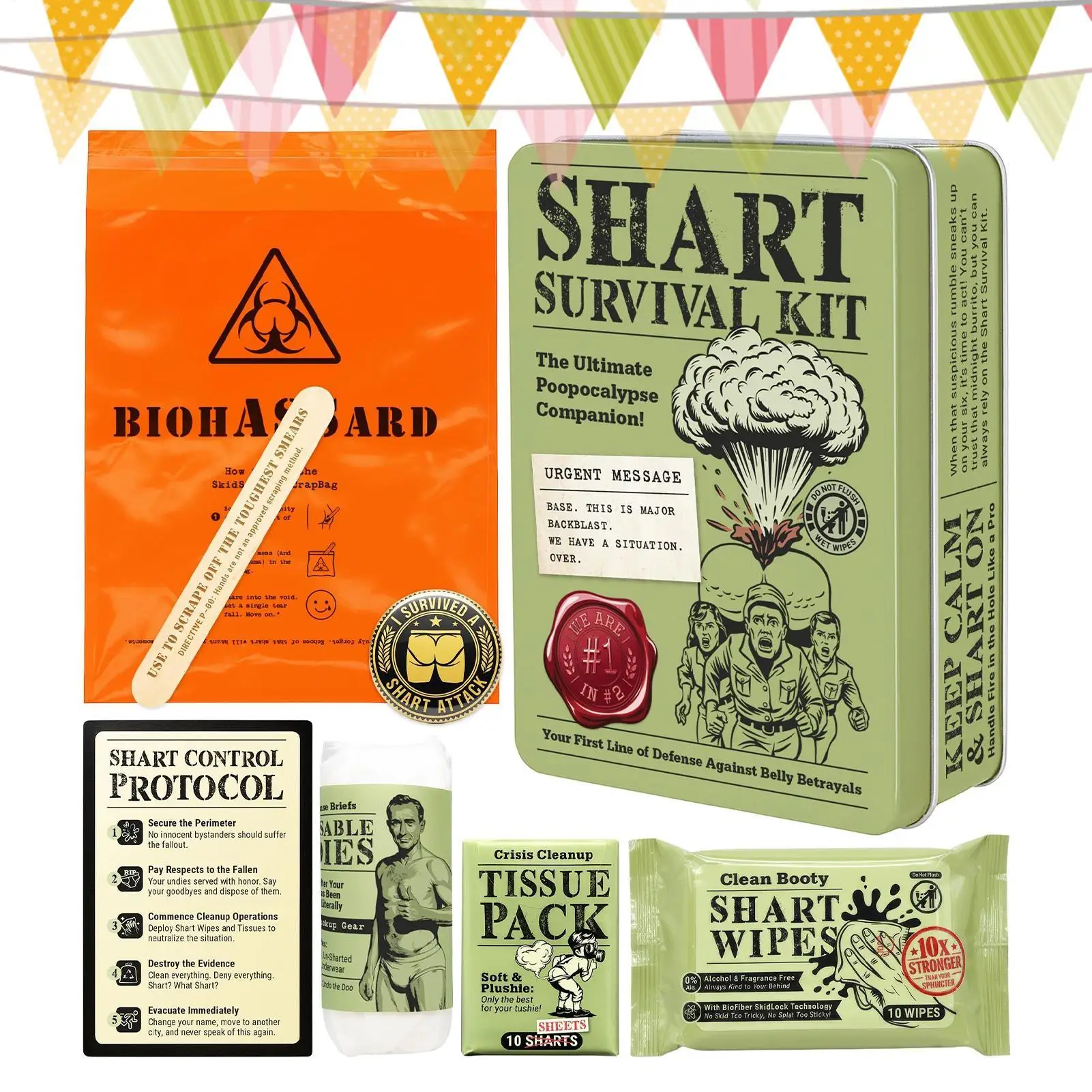 Kit de sobrevivência de shart engraçado mordaça presente cocô piada brinquedo com toalhetes molhados tecidos novidade brincadeiras para aniversário abril tolos festa do dia