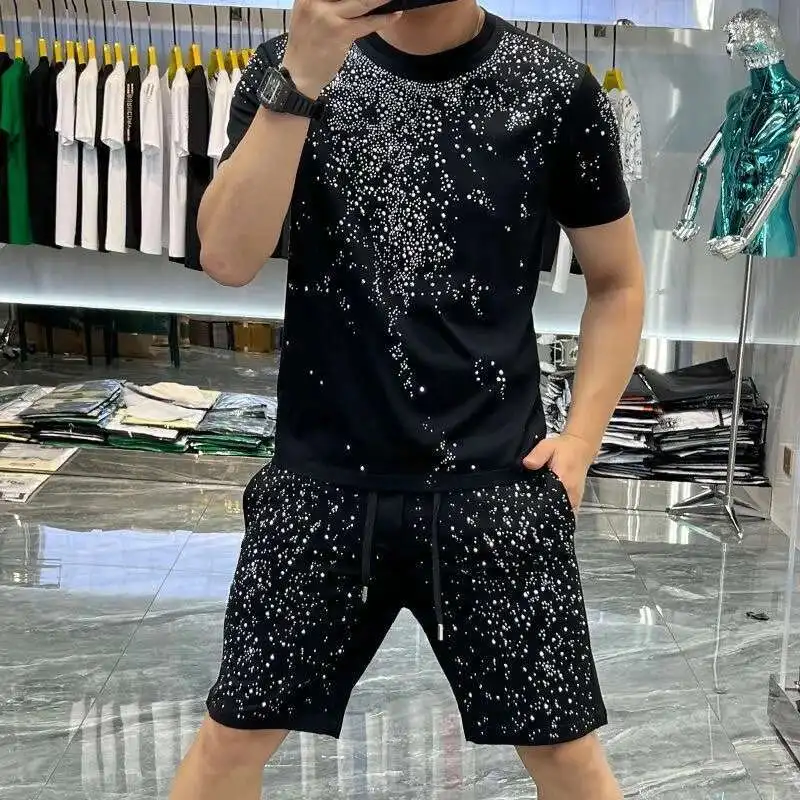 Men Sets Luxy Design With Rhinestones Tshirt & Shorts Men Sportswear Casual Tracksuit Men Quality Black Hot Drill  2-piece Suit
