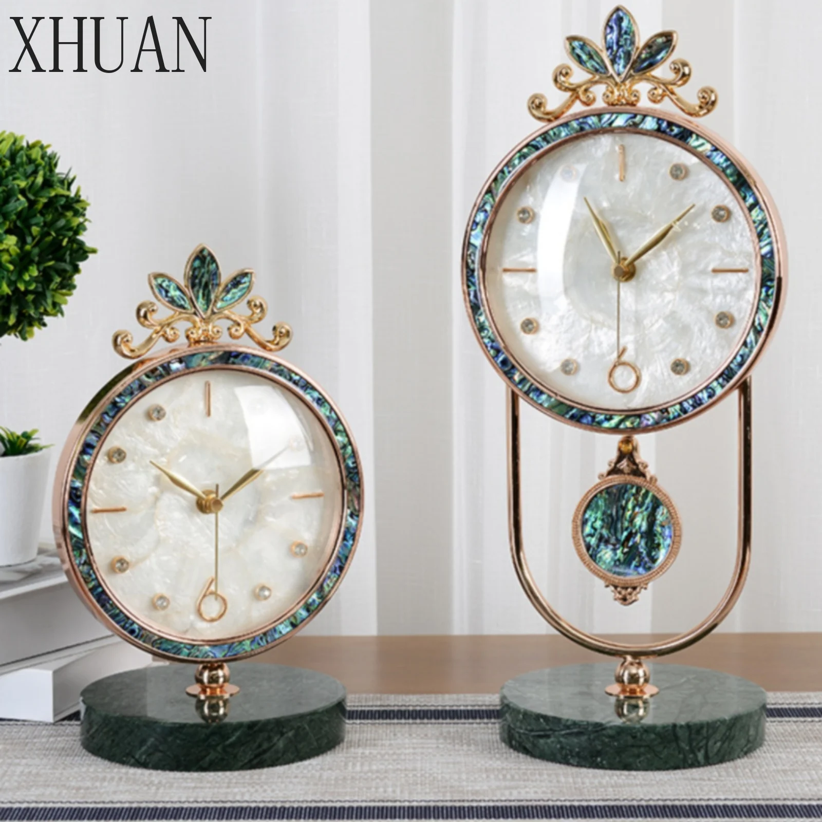 Clock with Marble Base Gold-Tone Decorative Mantel Clock Freestanding Iridescent for Living Room, Office