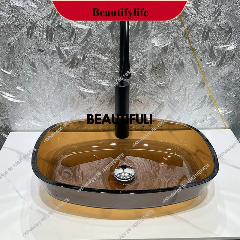 

F185 Coffee colored tempered glass countertop basin, household gray polished artistic washbasin, homestay bathroom washbasin
