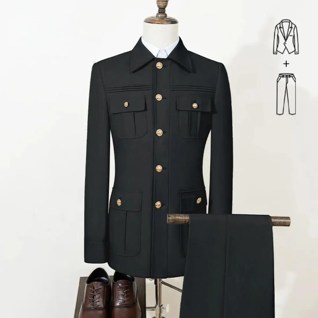 Navy Blue 2pieces Men'S Suit 2025 Classic Fit Single Breasted Multiple Pockets Solid Color Casual Business Dress Suit Customized