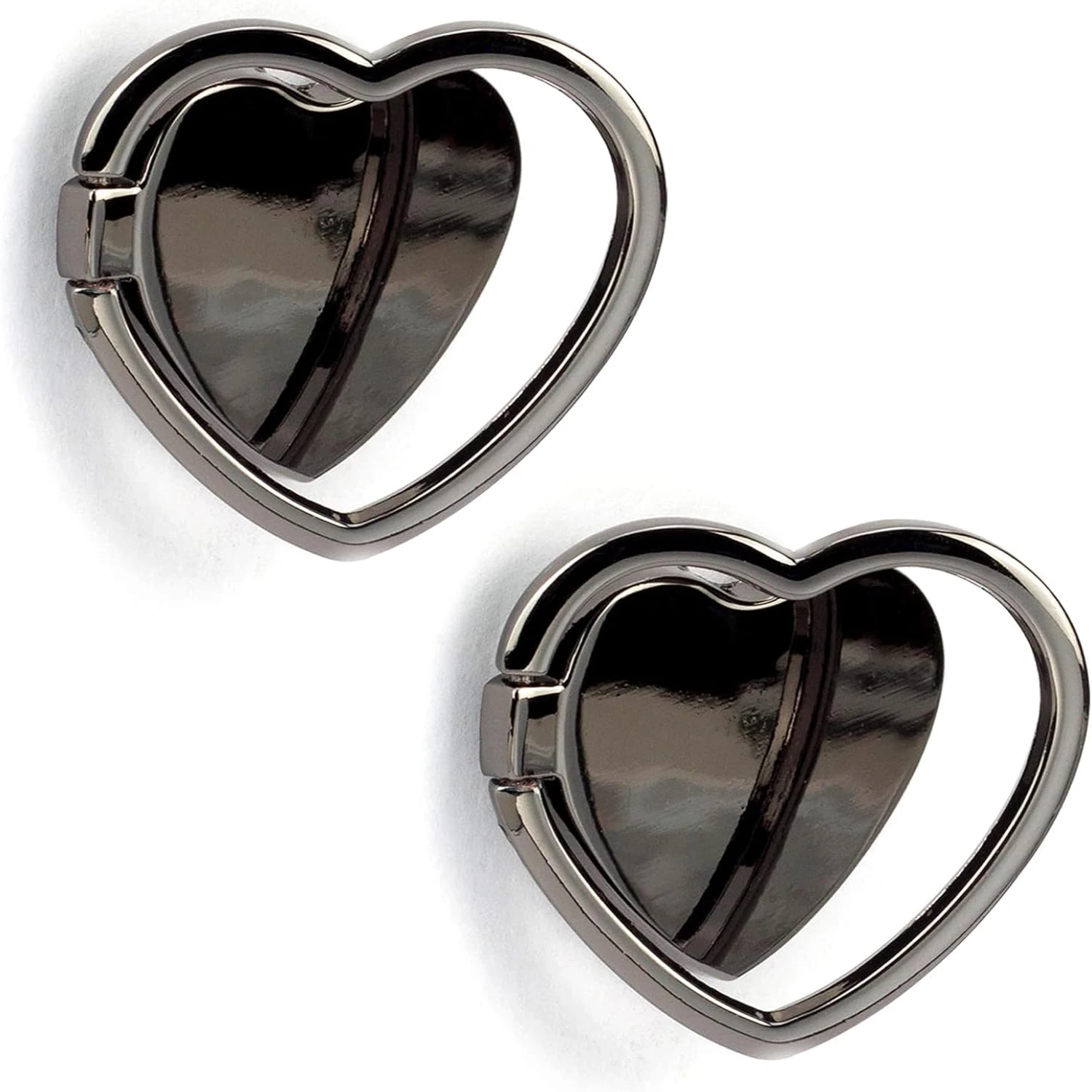 2 paquetes de soporte de anillo para teléfono móvil con forma de corazón de amor con acabado brillante, soporte para anillo de dedo con teléfono de Metal pulido (negro