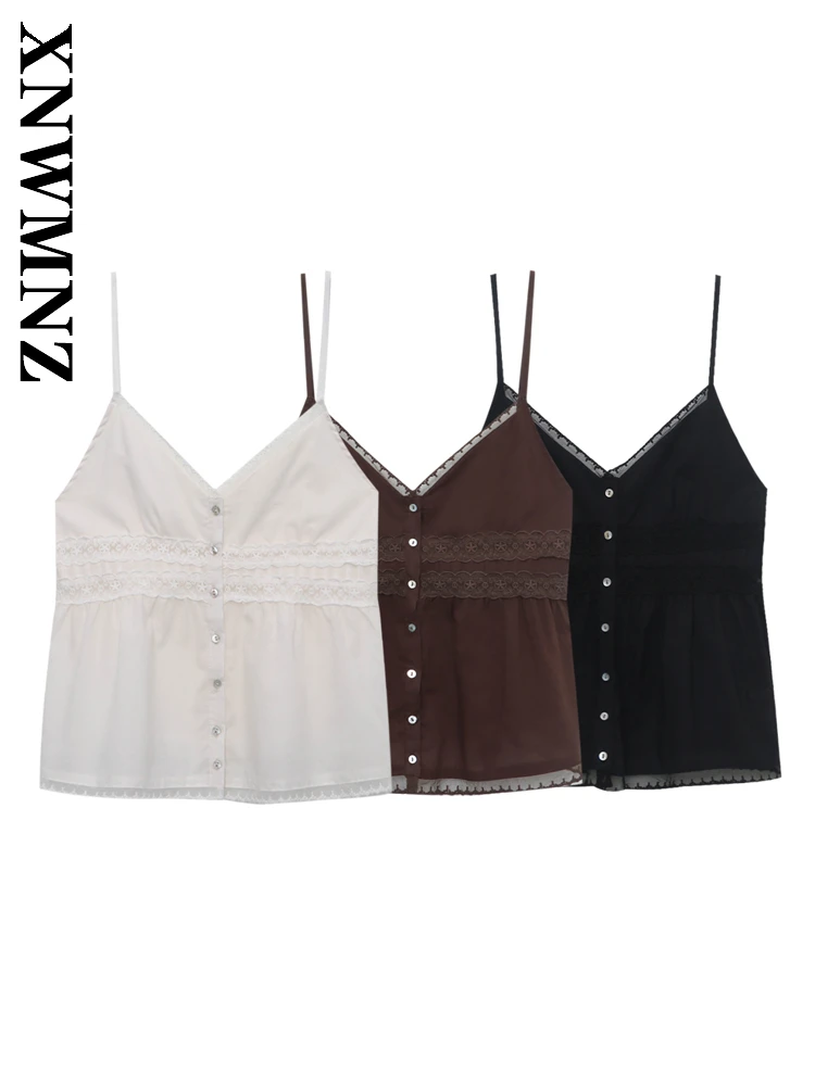 

XNWMNZ 2025 Summer Lady Simple Fashion thin shoulder strap Sleeveless Backless Slip Top Casual Chic Woman's Button Vintage Top