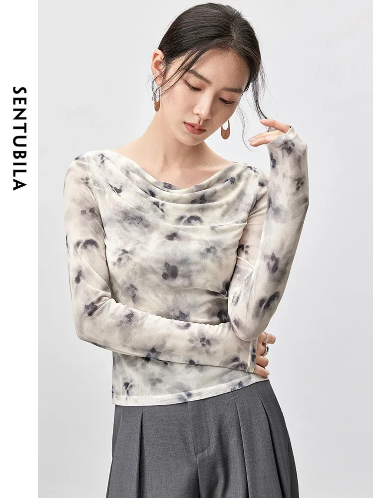 

SENTUBILA Casual Printing Kintted Tops for Women 2024 Autumn Fashion Swing Collar Design Loose Long Sleeve Elegant Top 143H56295