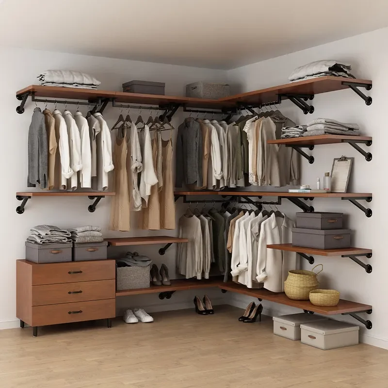 Solid wood wardrobe 2026 new popular wall-mounted nails on the wall bedroom household metal wrought iron custom cloakroom
