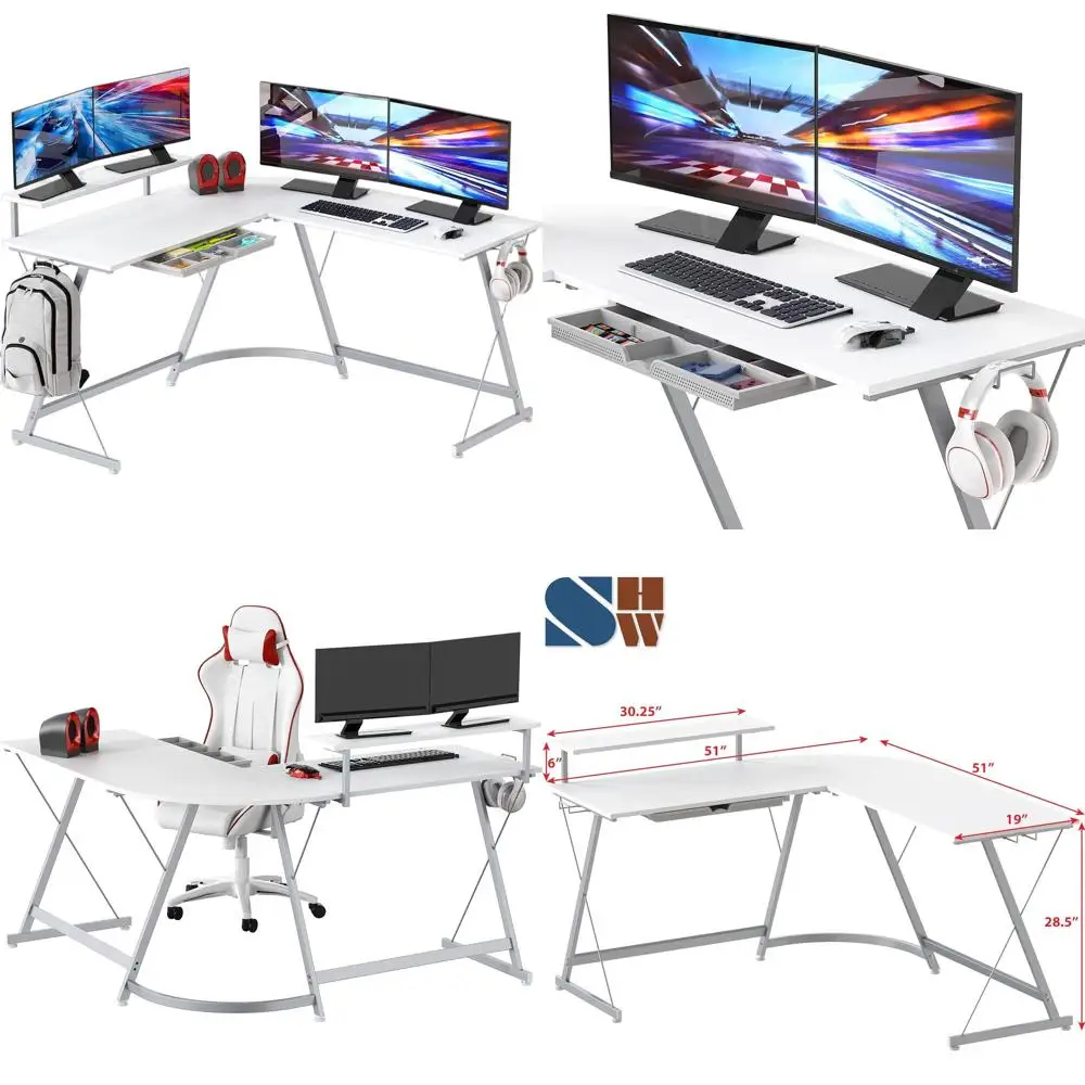 

51 Inch White L-Shaped Desk with Monitor Stand and Drawers