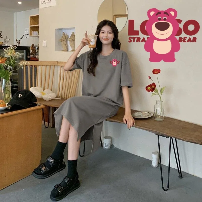 Miniso Strawberry Bear T-shirt Skirt Lotso Printing 40-90kg Loose Leisure Lone Style Grey Colour Short Sleeved Soft Unique Dress