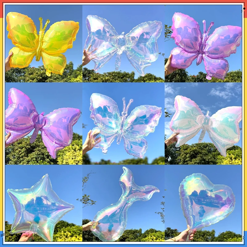 

New Laser-Patterned Transparent Iriable-Color Bow Children'S Aluminum Film Balloon With Heart-Shaped Five-Star Design Party Gift
