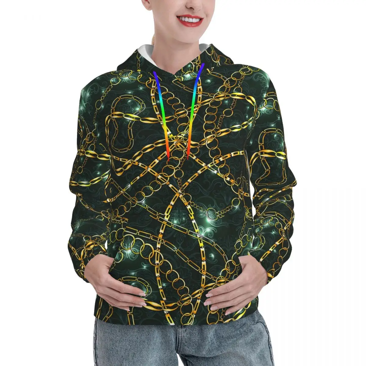 

Повседневные толстовки с принтом цепи, винтажная Дамасская рубашка с капюшоном в стиле хип-хоп, Весенняя корейская мода с длинным рукавом, пуловер оверсайз, толстовка