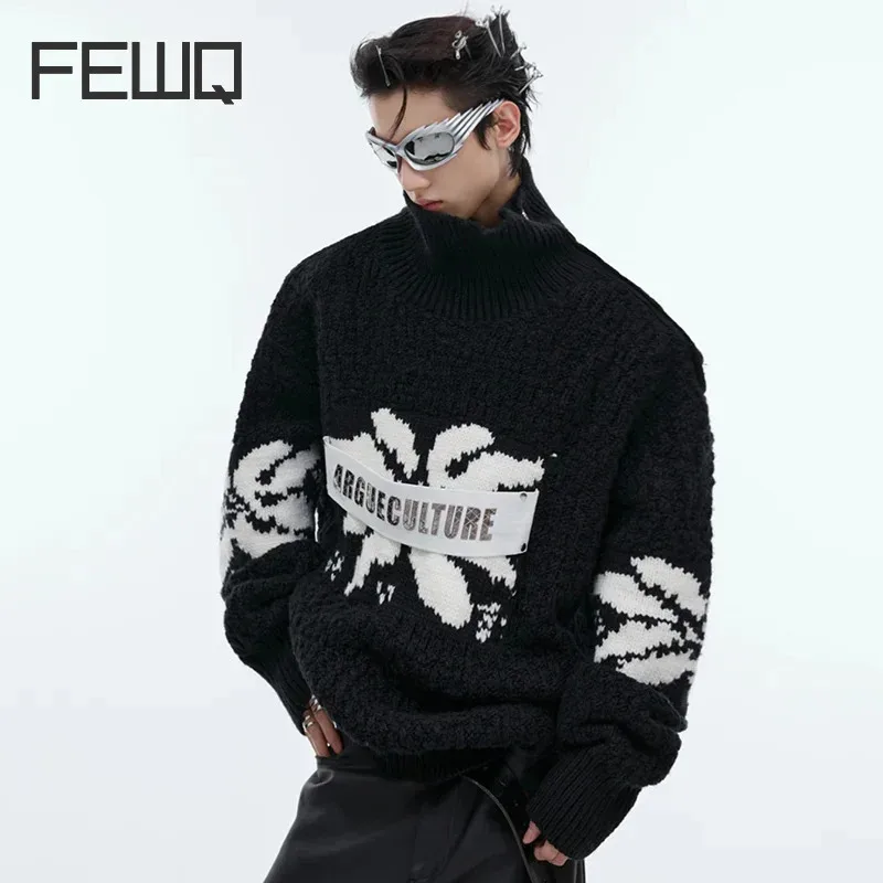 FEWQ Niche High Neck Sweater Metal Buckle Design Loose Knitted Luxury Sweater 2024 Contrast Color Long Sleeve Male Tops 24E1830