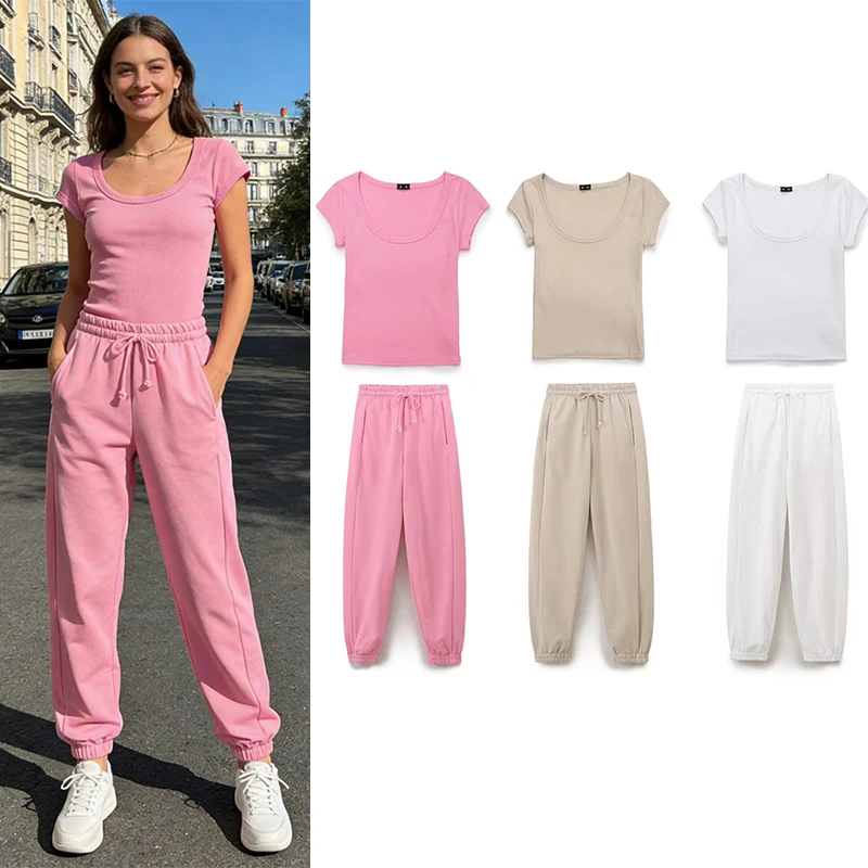 

Women's Set 2026 New Fashion Spring Summer Cotton Crew Neck Ribbed Slim T-Shirt Jogger Pants Set Casual Personality Female Set