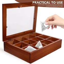 12-Compartment Clear Acrylic Lid Tea Bag Holder Wooden Sugar Bag Box Instant Tea Bag Container Storage Box Drawer Organizer