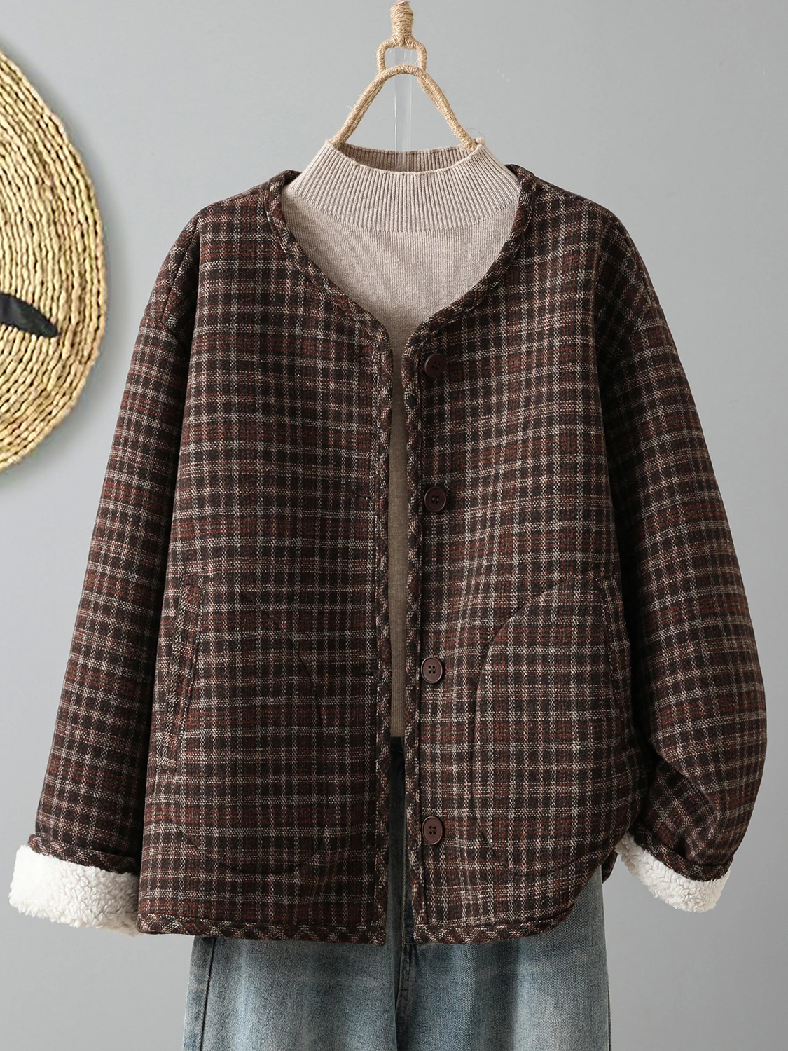 Koreaanse Sle Plus Size Fce Gevoerd Katoen Jaet Dames Warmte Gegarandeerd Geruit Ontwerp Casual Loose Fit Winterjas