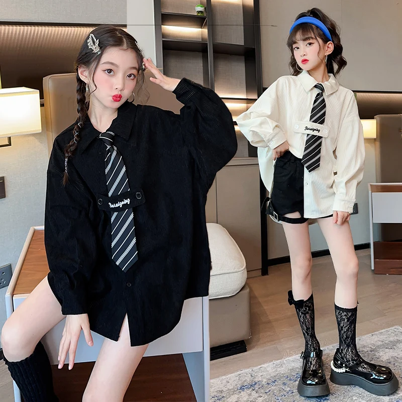 2023 Long Sleeve Shirt Girls White Turn Down Collars Basic Casual Teen Girls Oversize Black Shirts Blouse with Tie Spring Autumn