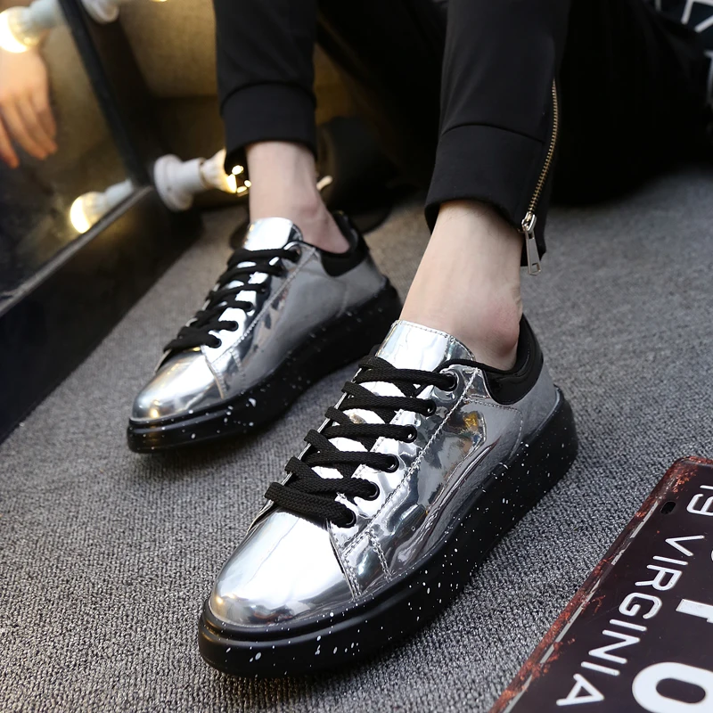 Fashion Silver Men\'s Mirror Shoes Punk Casual Shoes Men Light Leather Flat Sneakers Streetwear Sneakers Men Rock Hip Hop Shoes