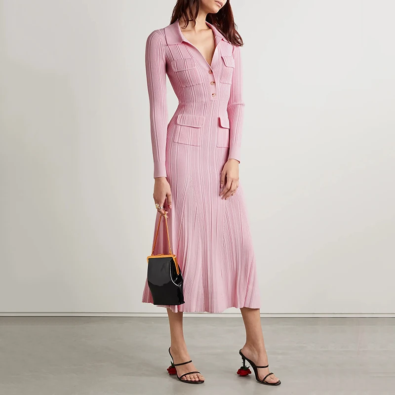 

Women's pink knitted medium-length dress senior sense of fashion temperament polo collar waist-skimming long dress 2023 new