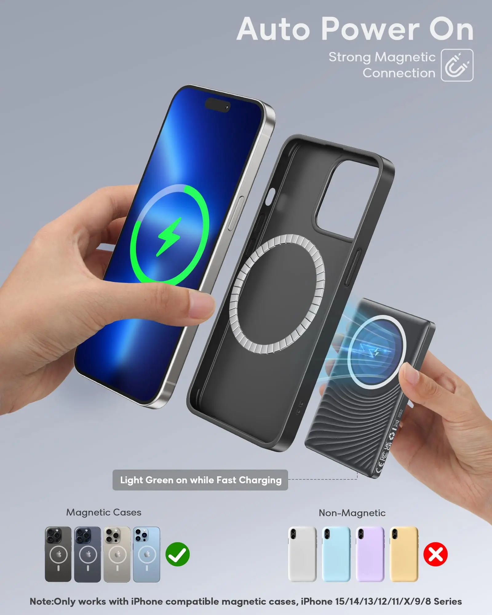 5000mAh Magnetic Power Bank, Wireless & 20W Fast Charger, for iPhone, Samsung (Type-C), Travel Portable Phone Battery Pack. view 3