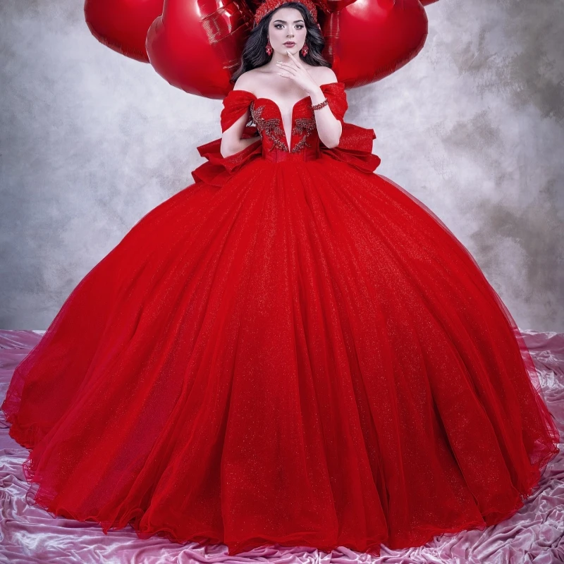 

Red Shiny Quinceanera Dresses Off The Shoulder Beading Crystal Tull Party Birthday Sweet 16 Dress Vestidos 15 De Anos