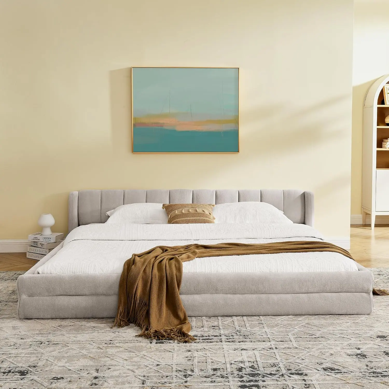 King Size Bed Frame with Cloud Soft Headboard, Chenille Upholstered Bedframe Grounded Wood Base Bed Frame, No Box, Custom view 3