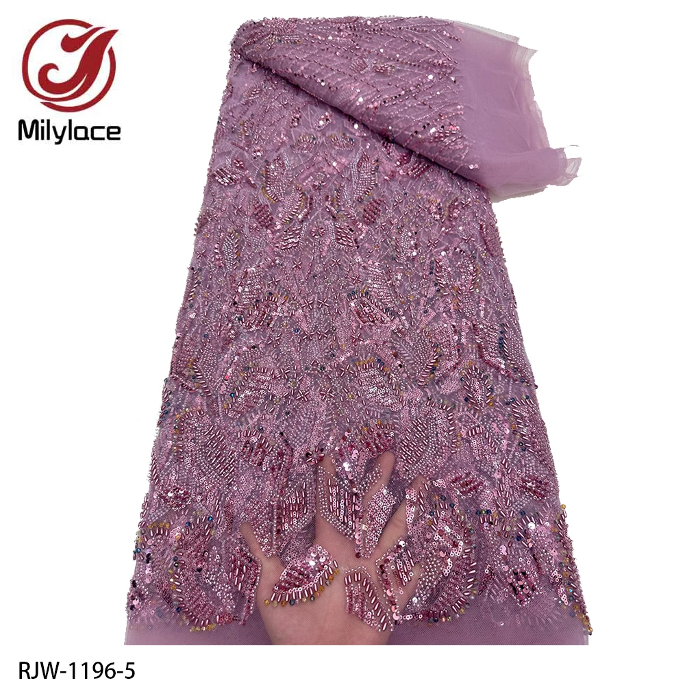 Exquisite 5 Yards Mesh Tulle Lace Fabric with Crystal Stones and Beads for Sewing DIY RJW-1196