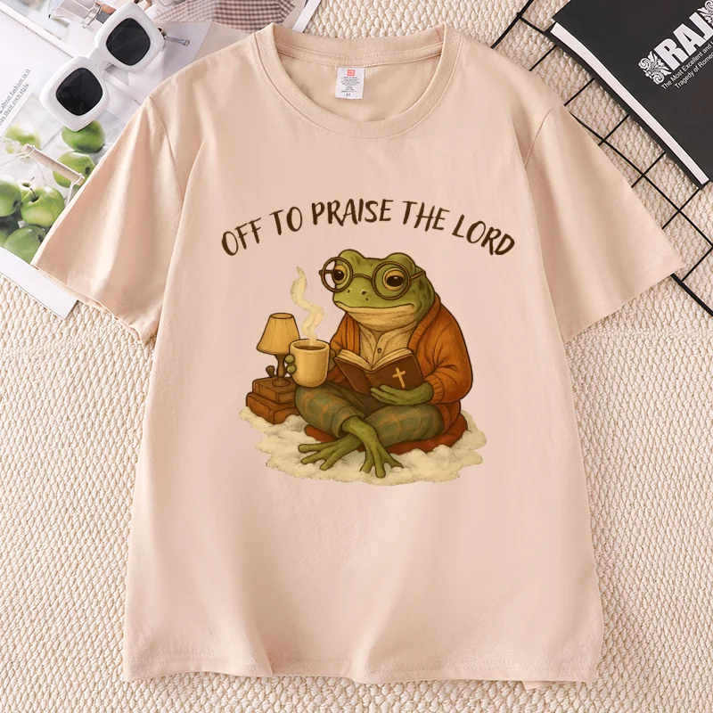 Christian T Shirt Unisex Funny Frog Off To Praise The Lord T-shirts Casual Round Neck Printed Cotton Short Sleeve Tshirts
