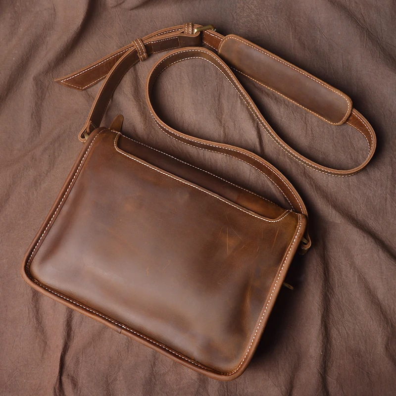 

Vintage Crazy Horse Leather Men's Messenger Bag Handmade Original Genuine Leather Zipper Laptop Shoulder Bags Trend Postman Bag