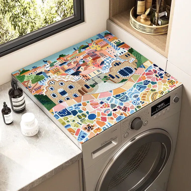 VIKAMA Colorful Town House Washing Machine Top Mat Patchwork Illustration Waterproof Anti Dust Laundry Dryer Pad Dust Cover