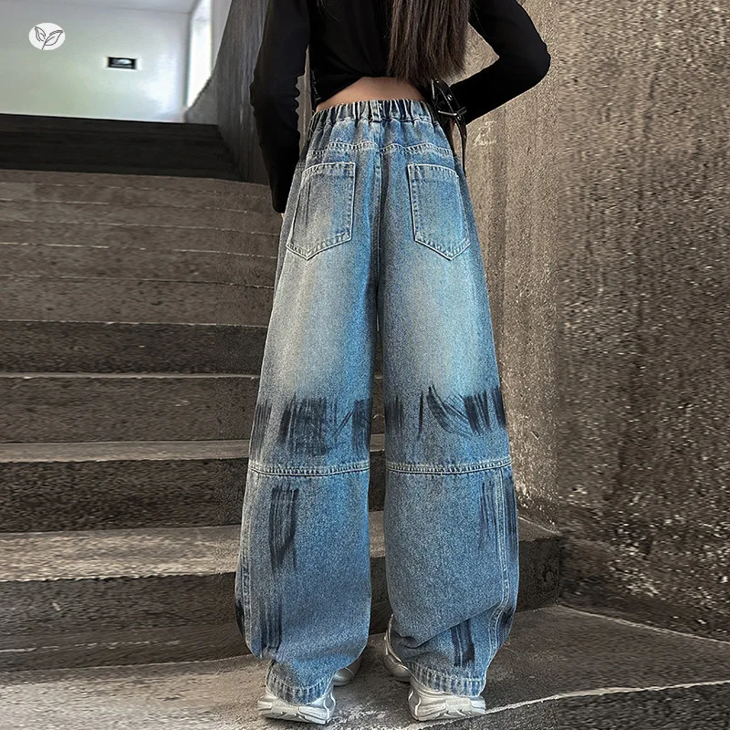 Pantalones de mezclilla para niña, pantalones largos de mezclilla rasgados con grafiti vintage, pantalones largos vintage para niños, pantalones casuales para adolescentes