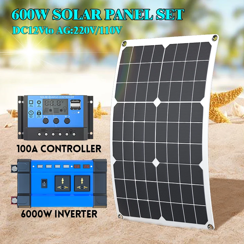 

6000W Solar Inverter Kit Complete 600W Solar Panel System with 100A Controller, 110V/220V Output for Home /Off-Grid Power