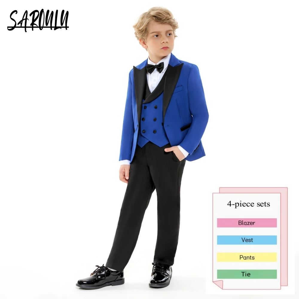 Royal Blue Piano Performance 4-pieces Boys Suits Wedding Outfit Church School Ceremony Flower Birthday Gift Elegant Clothes Set