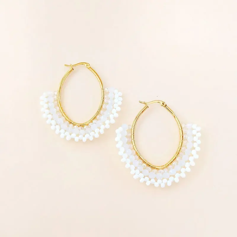 

Beaded Ellipsoid Crystal Gradient Color Tide Earrings Simple Geometry Hand Knitted Bohemia Alloy Rice Bead Jewelry Accessory