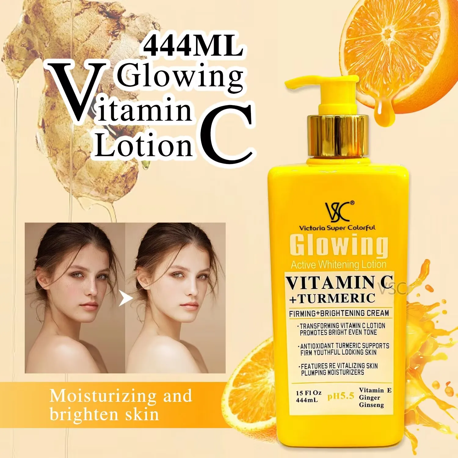 500Vitamin C Natural Turmeric Brightening Body Lotion, Reduce Blemish, Acne, Smooth , Glowing & Hydration Cream, For All Skin Ty